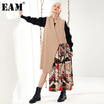 

[EAM] 2020 New Spring V-collar Sleeveless Khaki Irregular Printed Stitch Loose Long Vest Women Fashion Tide JK594
