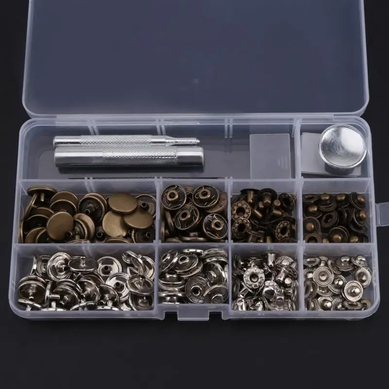 

50Sets Metal Snap Buttons Snaps Press Button Fasteners + Hole Punch + Setting Tool DIY Fixing Press Studs rivets for leather