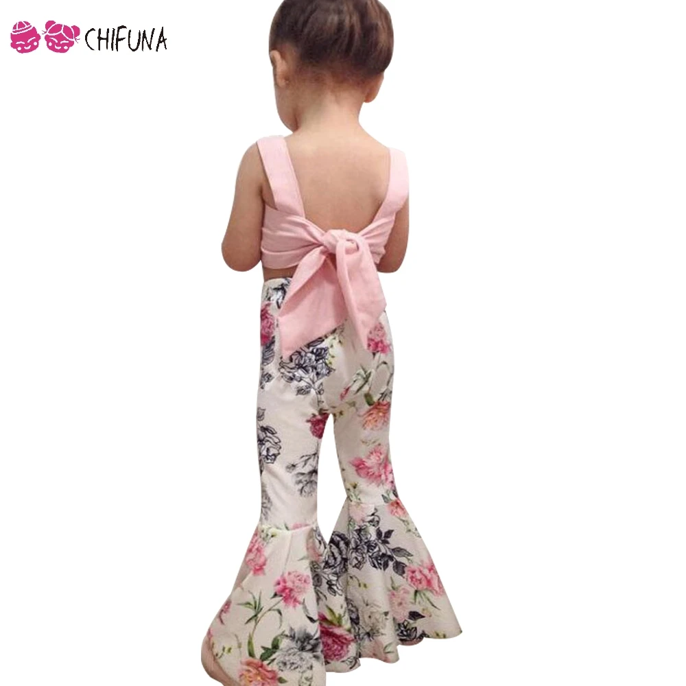 

chifuna 2018 New Fashion Style Girls 2pc Set Sleeveless Back Bow-net Tops + Floral Printed Flared Pants Children Set Kids Suit