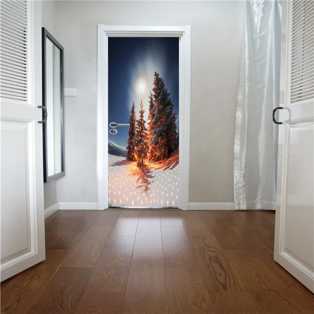 

Moon Night Tree Fire Scenery Removable Door Sticker Poster for Home Decoration Living Room Decal