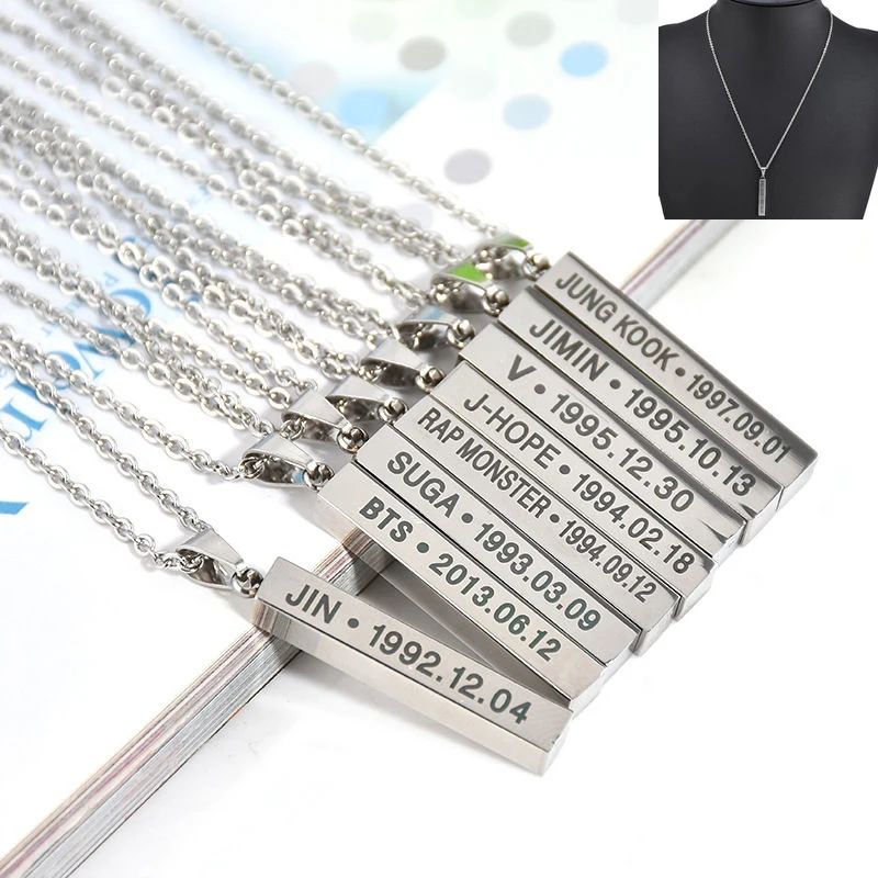 

KPOP BTS Bangtan Boys EXO TWICE BLACKPINK GOT7 SEVENTEEN WANNA ONE MONSTA X Members Name Date Steel Necklace