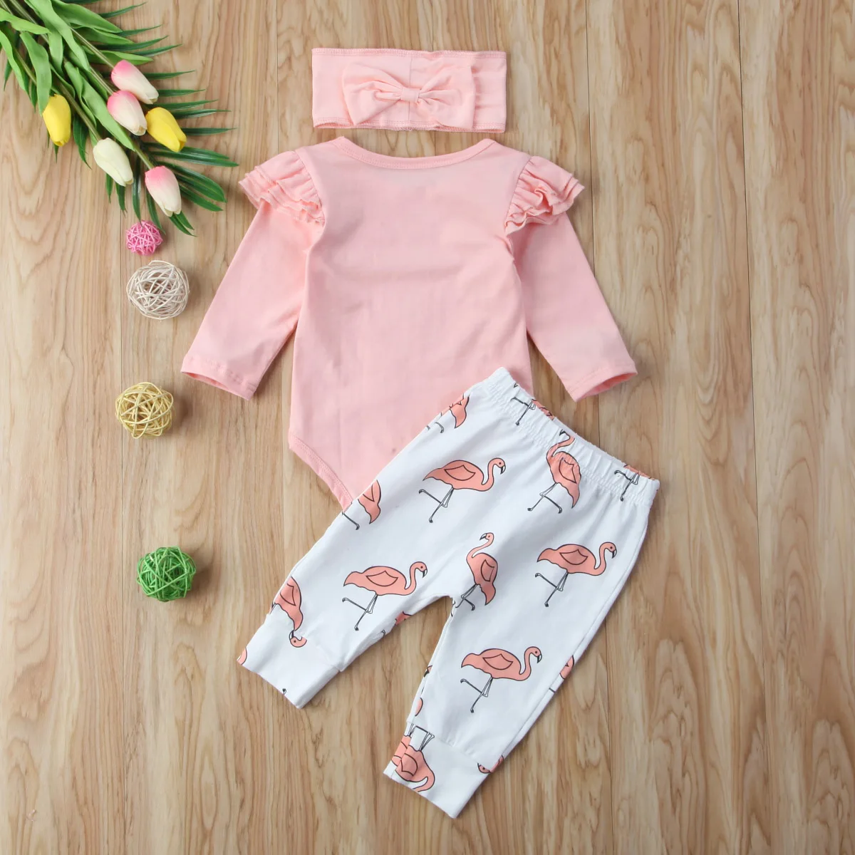 Брендовый комбинезон для новорожденных девочек, топы с длинными рукавами, брюки с изображением фламинго, повязка на голову, комплект одежды из 3 предметов, 0-18 месяцев