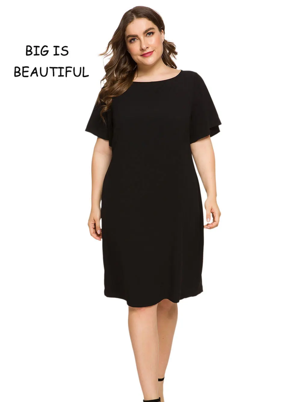 

Big Is Beautiful Plus Size Women 6xl Solid Flare Sleeve Knee Length Dress Ladies 5xl O Neck Short Sleeve Casual Black Dresses