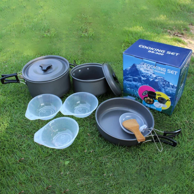 Al aire libre ollas de aluminio de gran portátil Camping cocina utensilios de cocina juego de Picnic para olla pequeña sartén cuchara de arroz de cuencos