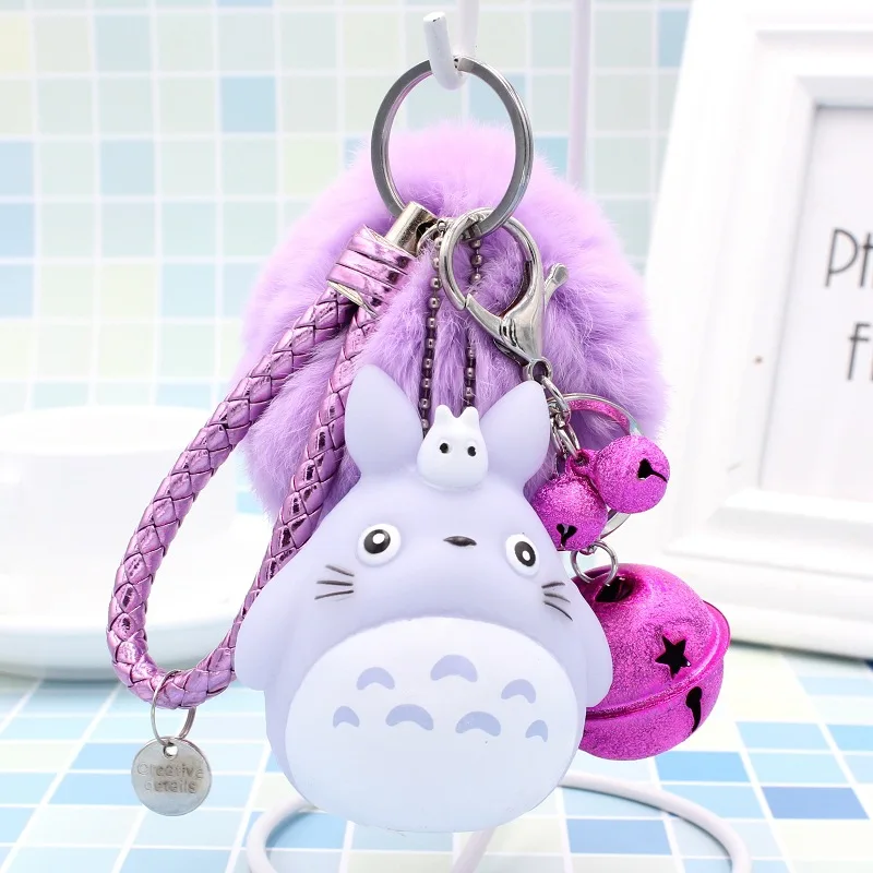 

Totoro Keychain Leather Rope Pompom Porte Clef Women Bag Car Key Chain Real Rex Rabbit Fur Keychain Chaveiro For Women Keyring