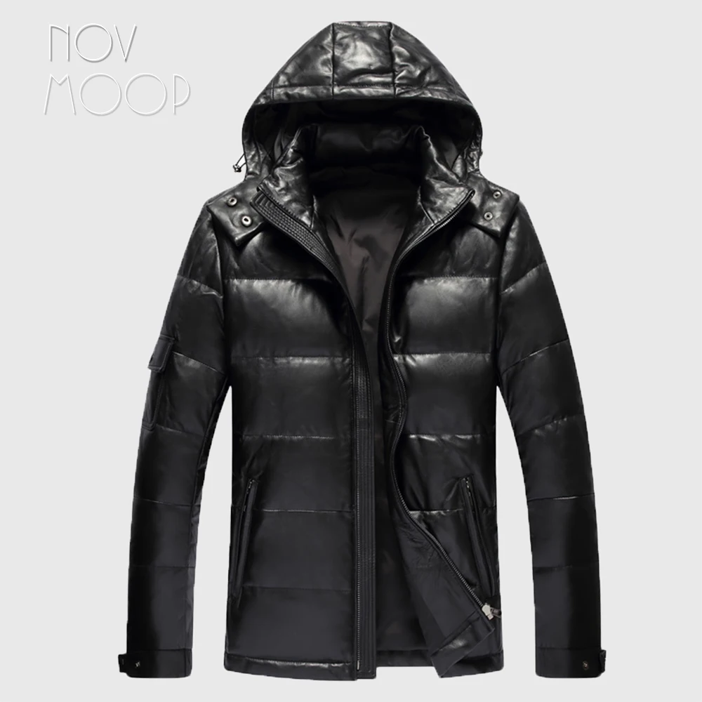 

Men winter warm black genuine leather real lambskin duck down hooded jackets coats plus size jaqueta de couro deri ceket LT2447