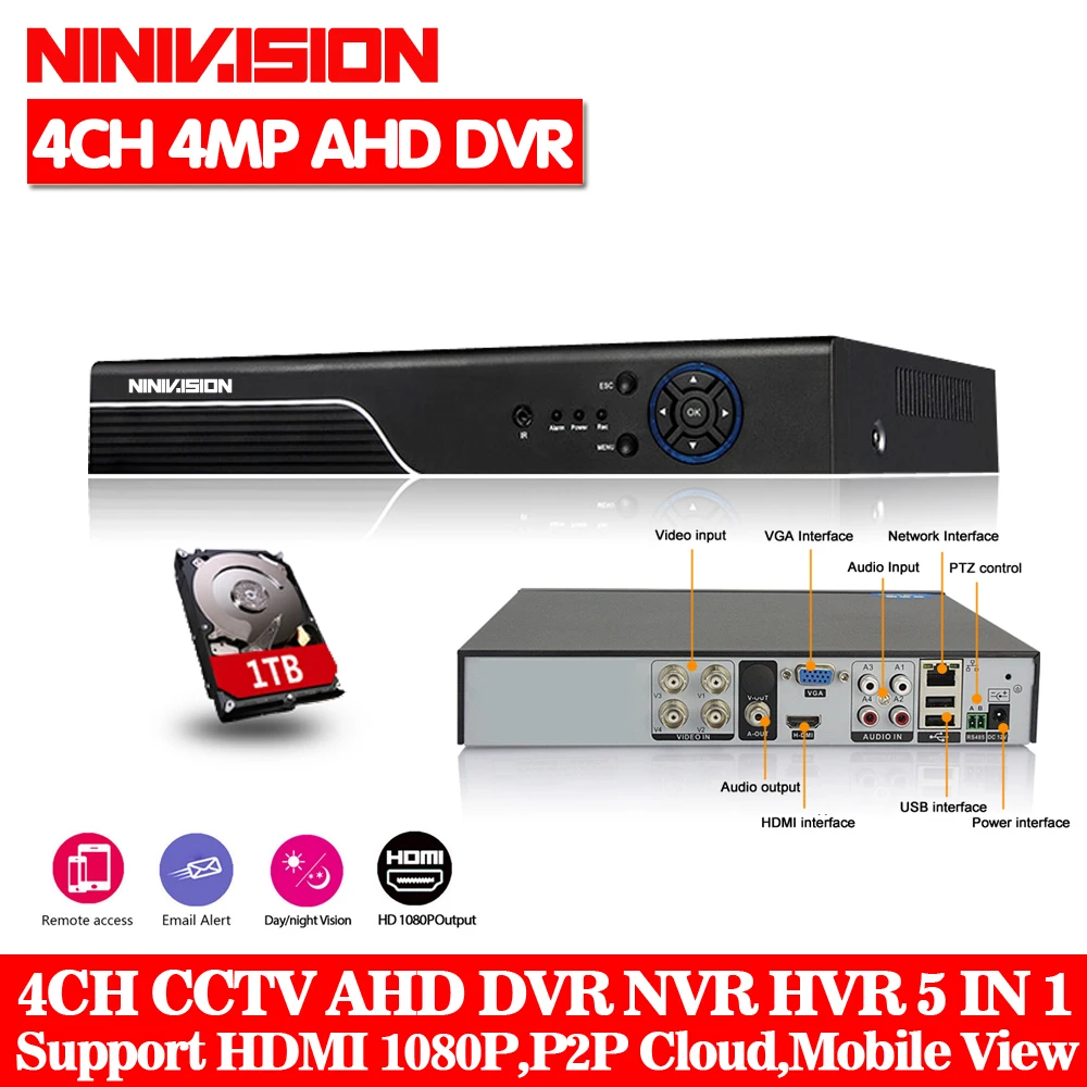 

HD Super 4CH 4MP AHD DVR Digital Video Recorder for CCTV Security Camera Onvif Network 16Channel IP HD 1080P NVR Email Alarm
