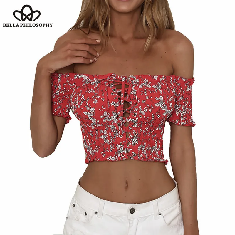 Wonder Summer Tops For Womens Tops and Blouses Streetwear Floral Print Off Shoulder Shirts Sexy Lace Up Ladies Top Clothes 2019