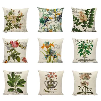 

Green Plants Palm Leaf Green Leaves Monstera Iris Cushion Cover Hibiscus Flower Cushion Cover Decorative Beige Linen Pillow Case