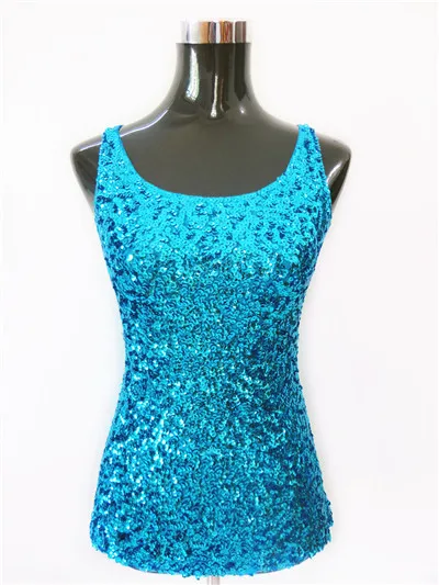 Летняя блестящая женская футболка Blusa Shining Glam украшенная безрукавка с круглым вырезом сексуальный жилет Топ с пайетками - Цвет: terquoise blue