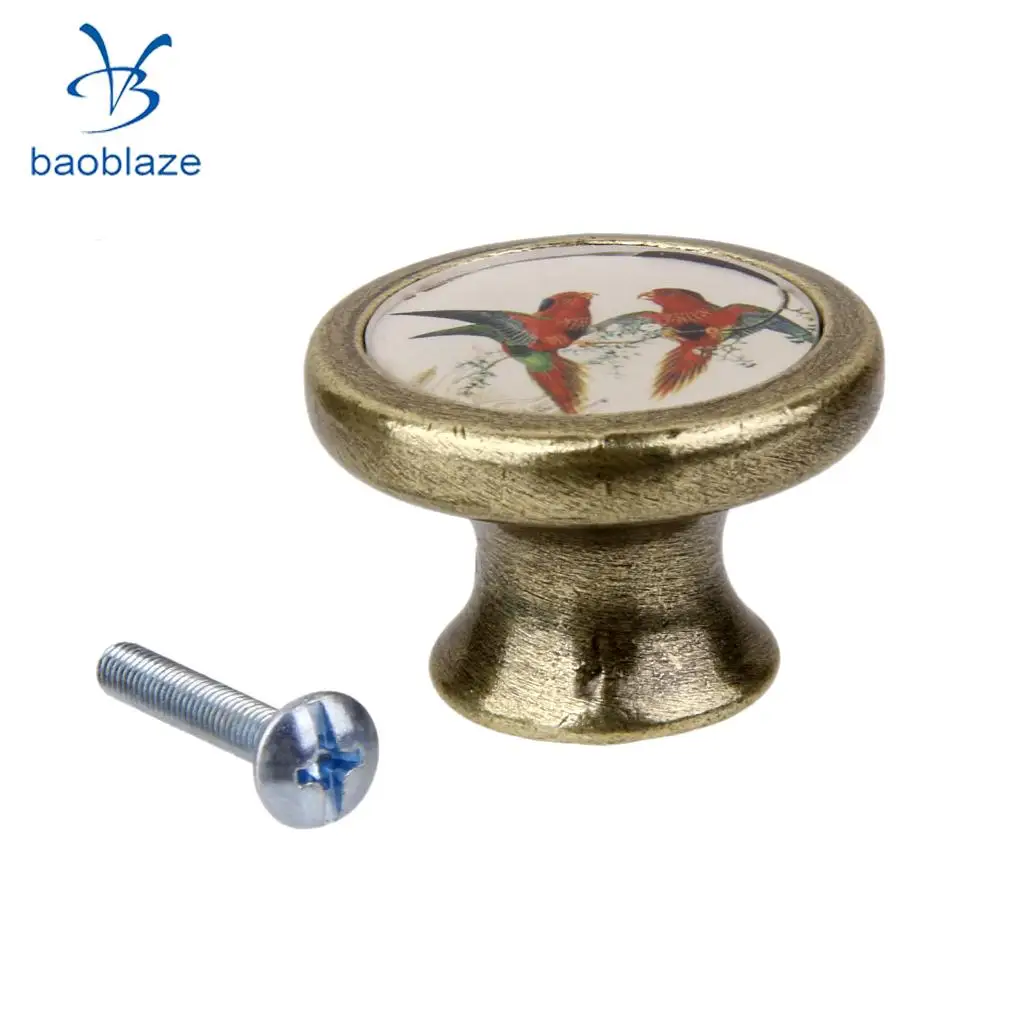 2 Pieces Antique Brass Cabinet Drawer Round Pulls Wardrobe Cabinet Door Cupboard Knob Handle Colorful Birds Pattern
