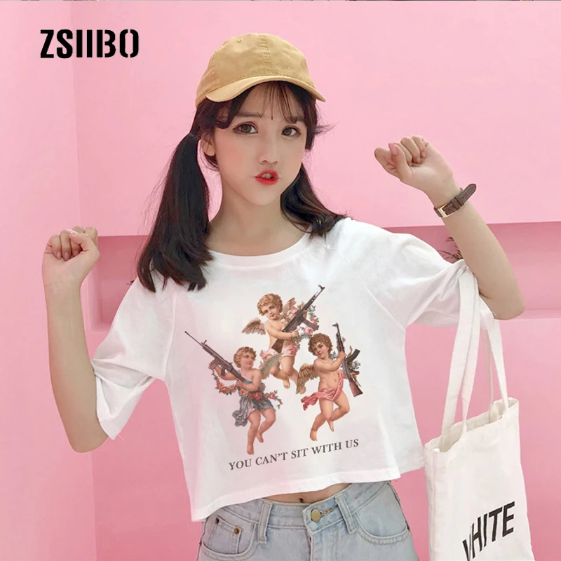 

You Cant Sit with Us Summer Angel Cartoon Print Fun Ulzzang Cute Short Sleeve Short Loose Large Size Female New Casual T-Shirt