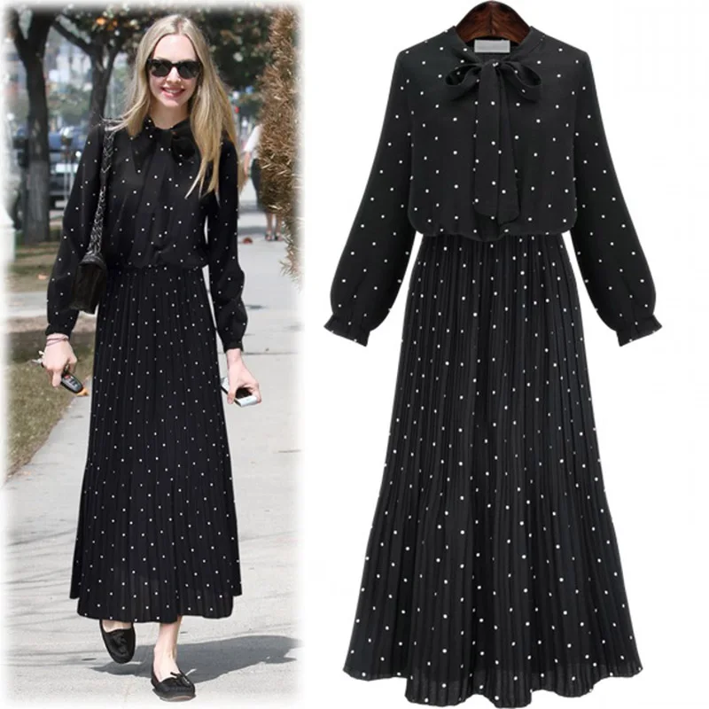 

Ordifree 2018 Boho Summer Pleated Maxi Dress Long Sleeve Black Bow Tie Plus Size Polka Dot Tunic Beach Long Dress XXXL