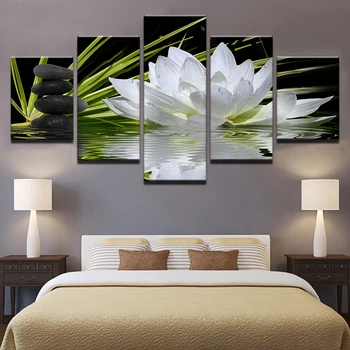 

5 panel canvas wall art painting Pebbles Lotus Landscape For Living Room Modern Home Decor