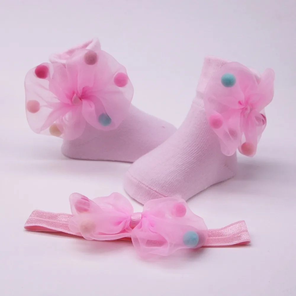 

Baby Socks Newborn Cute Mesh Bowknot Hairball Design Cotton Socks With Hairband Pography Props Set