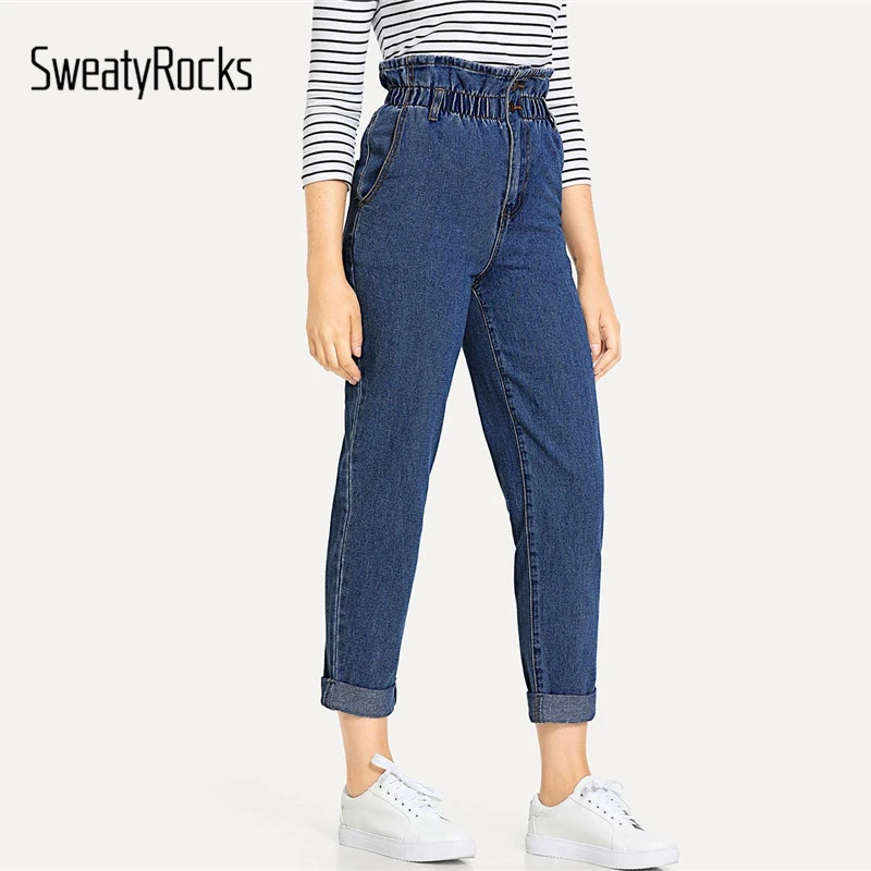 

SweatyRocks Blue Rolled Bottom Frill High Waist Jeans Women Casual Denim Preppy Pants 2018 New Basic Autumn Vintage Jeans