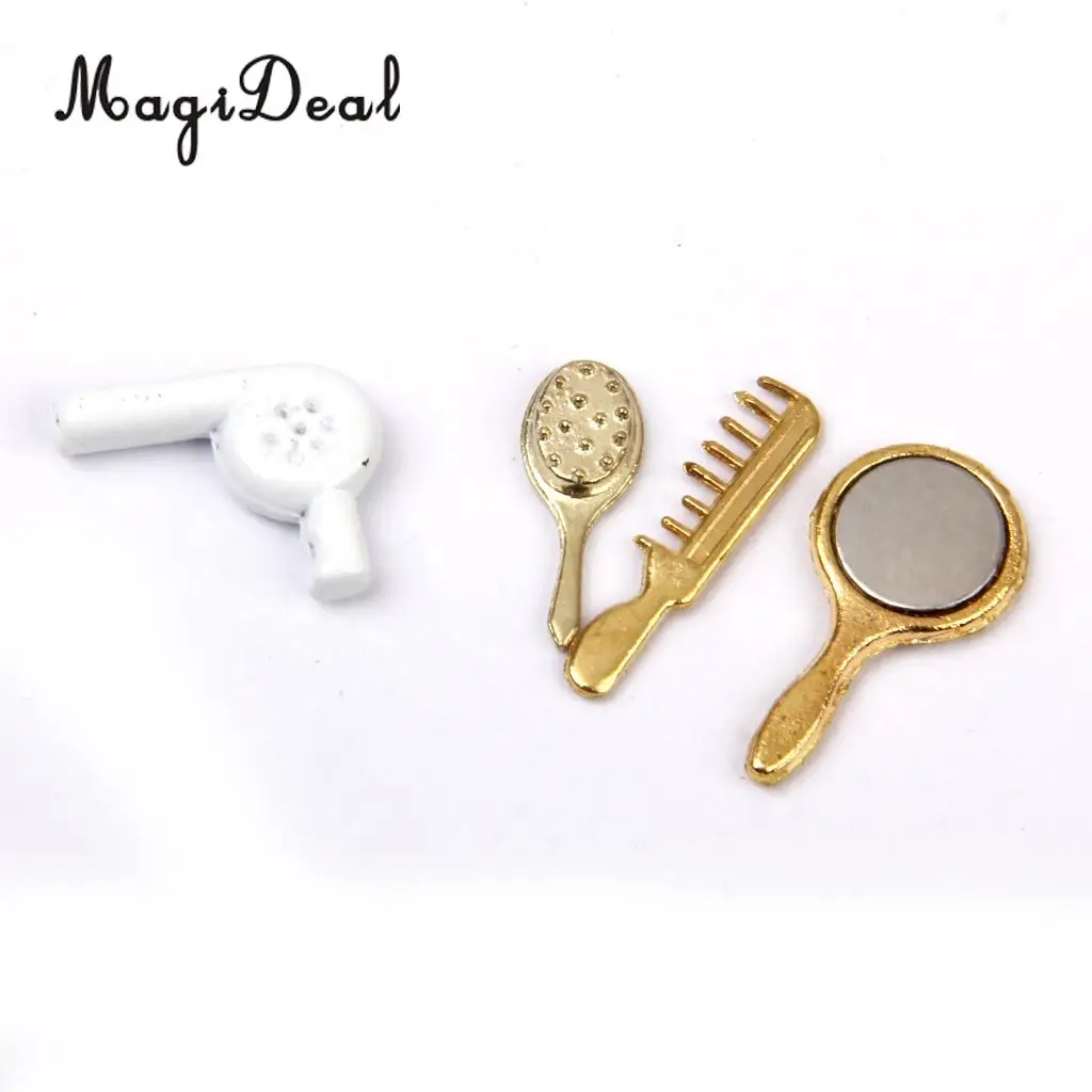 MagiDeal 4Pcs/Set 1/12 Dollhouse Miniature Comb Hair Dryer Mirror for Dolls Bathroom Accessories Children Toys