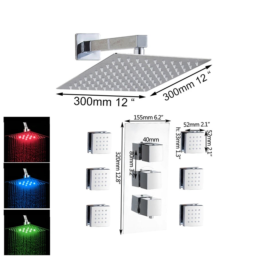 Термостатическая 8 10 12 16 насадка для душа настенный светодиодный квадратный латунный дождевой душевой набор 6 струй дождевой душевой набор для ванной комнаты - Цвет: 12 Inch LED Set