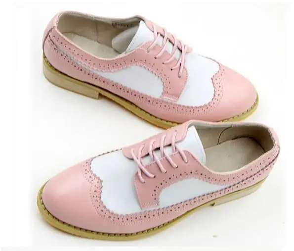 Женские туфли-оксфорды из натуральной кожи в стиле ретро; винтажные туфли на плоской подошве с вырезами в британском стиле; повседневные женские туфли-оксфорды; коллекция года - Цвет: Pink white