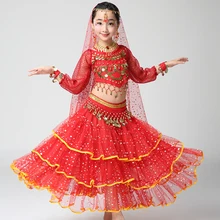 Детский костюм для танца живота для девочек, Индийский Болливуд, костюмы для танца живота, комплекты из 4 предметов, Египетский комплект одежды