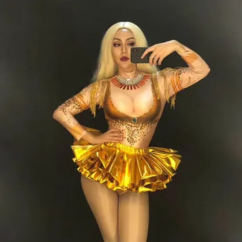 

Gold Rhinestones Sexy Dress Women Birthday Show Sparkling Crystals Dresses Female Singer Dance Nightclub Party Costumes DJ Wear