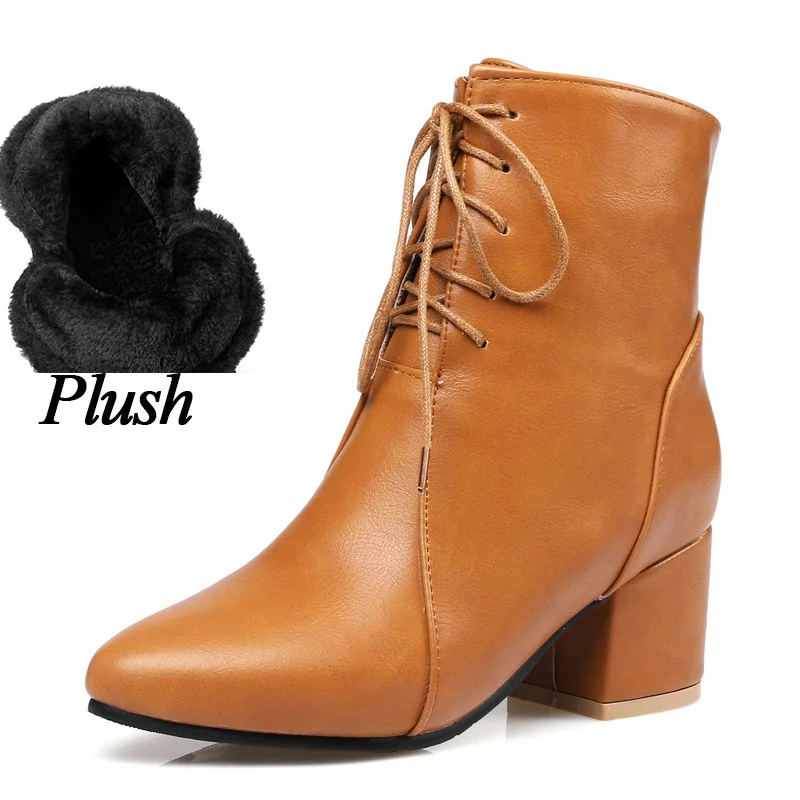 

2018 Women Plus Size 45 Winter Snow Ankle Martins Boots Female Brogue Brown Booties Lady Block Heels Pointed Toe Yellow Shoes