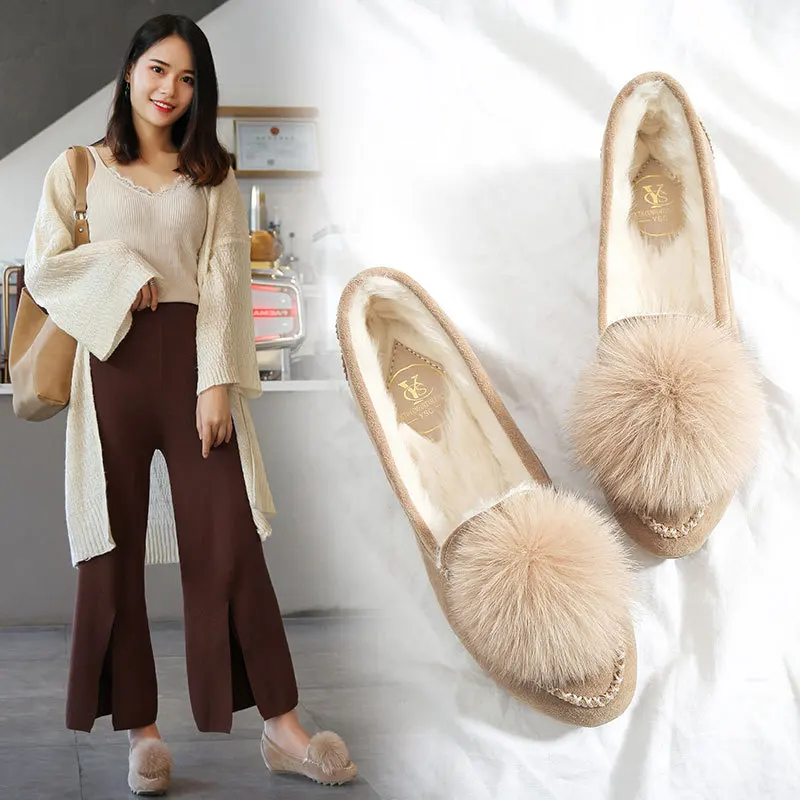 Pointed toe pompon fur shoes women winter plush slip on ballet flats women fur moccasins cozy warm lazy shoes