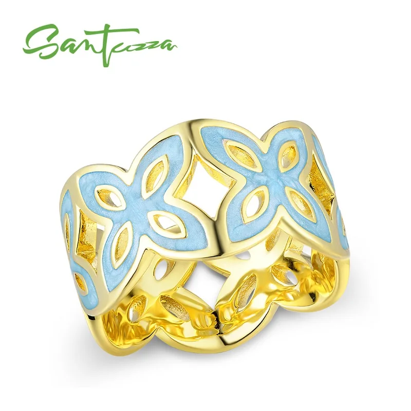 SANTUZZA элегантное кольцо для женщин Гламурное многоцветное элегантное цветочное полое кольцо модное ювелирное изделие ручной работы с эмалью - Цвет основного камня: Gold Plated (Blue)