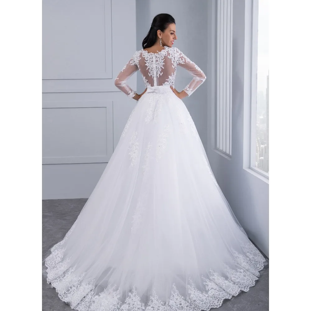 Unique Detachable Train Lace Appliques Pearls Crystal Sashes Ball Gown Wedding Dress