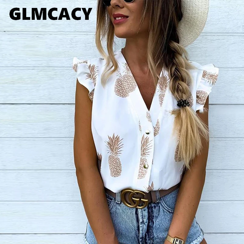 

Women Multicolor Casual Frilled Neck Flutter Sleeve Pineapple Print Summer Top Bohemian Stand Collar Chiffon Blouse