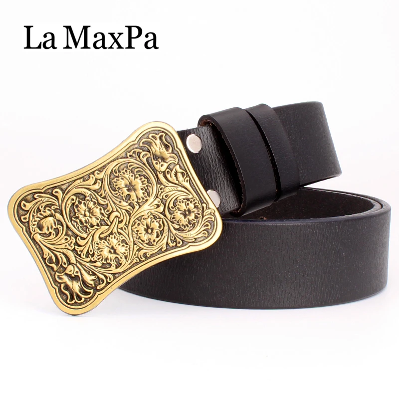

Fashion women belt arabesque pattern genuine leather belt royal Flowers golden buckle Decorative jeans belt for men