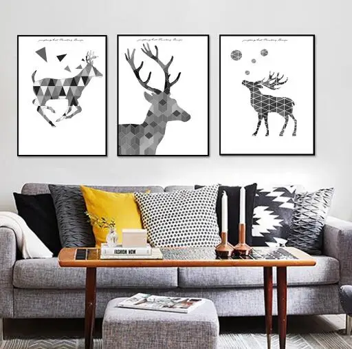 

Scandinavian Modern Geometric Abstract Elk Living Room Decorative Painting 3 Pieces Frameless Canvas Poster Christmas Home Decor