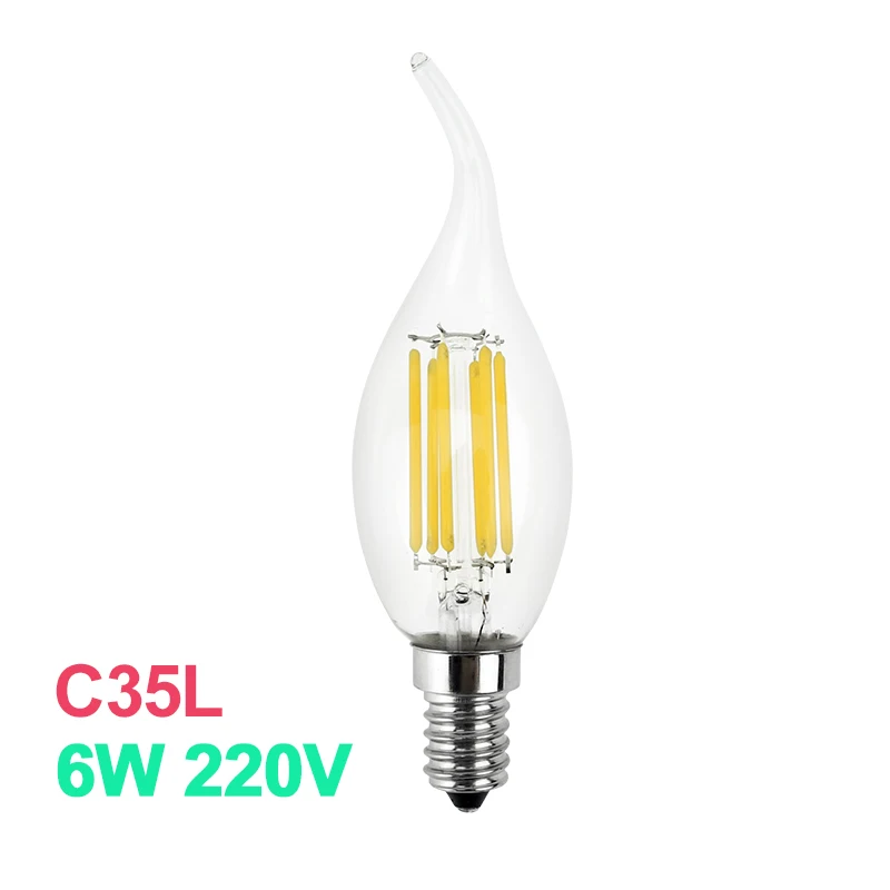 C35L 6W Диммируемый светодиодный светильник Эдисона C35/C35L E14, светодиодный светильник в виде свечи, Ретро Прозрачная лампа 2 Вт 4 Вт 6 Вт 220 в 240 в, Холодный/теплый белый для люстры - Испускаемый цвет: C35L 6W