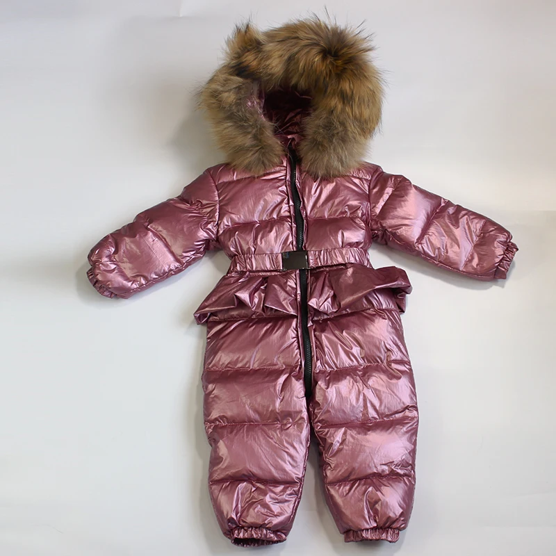 

New Design For Boys Warm Snowsuit White Duck Down Jacket Clothes Winter Waterproof Rompers Big Fur Junpsuit For Girls Outwear