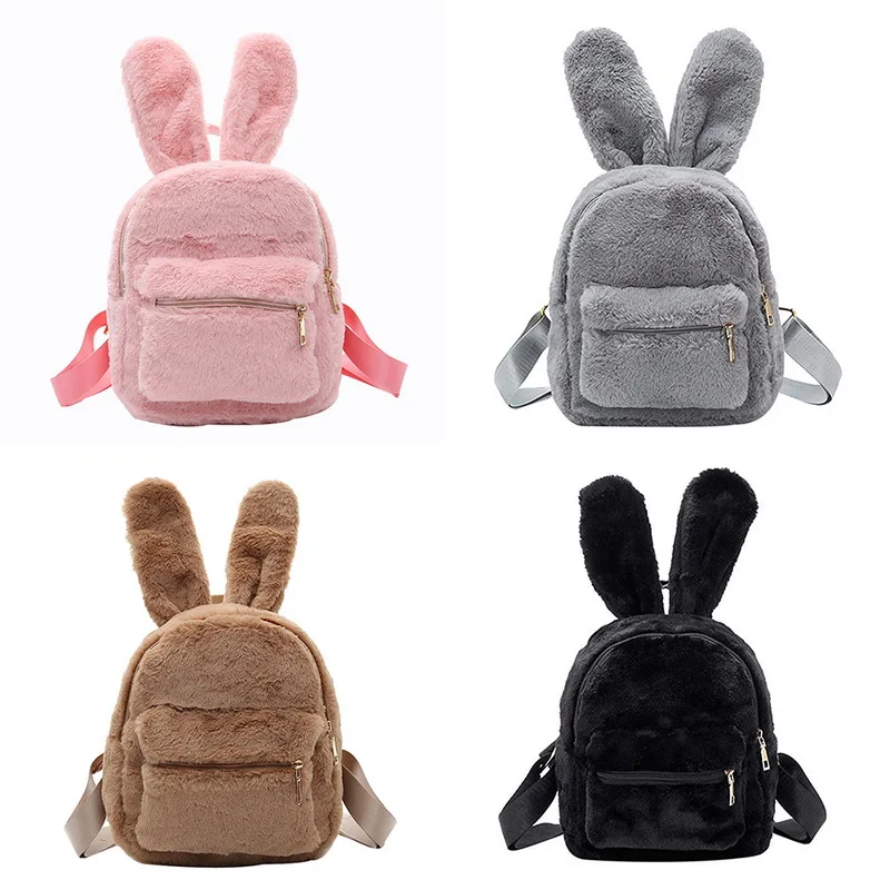Cute Solid Faux Fur Backpack Rabbit Ear Winter Soft Women's Mini Furry