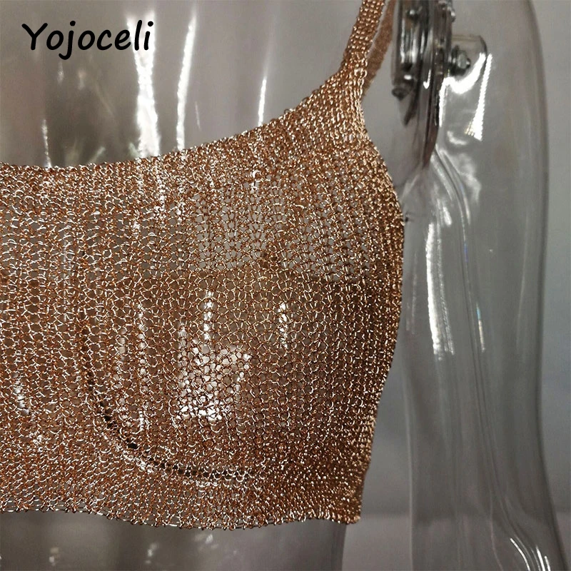 Сексуальные розовые золотые Топы Yojoceli на бретельках блестящие трикотажные