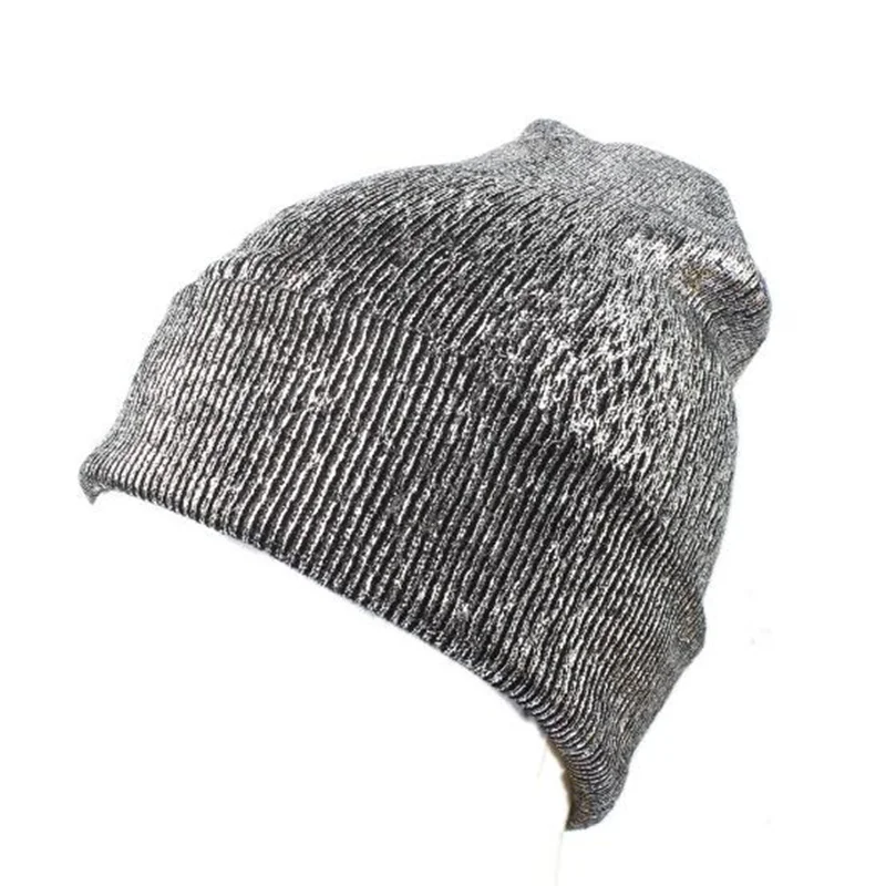 Новая модная вязаная шапка для женщин и девочек, зимняя теплая блестящая Шапка-бини цвета металлик, шапки для девушек