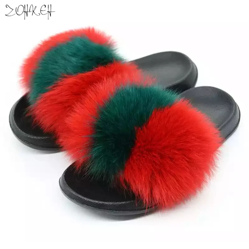 

2019 Summer Women Fox Fur Slippers Real Fox hair Slides Female Furry Indoor Flip Flops Casual Beach Sandals Fluffy Plush Shoes