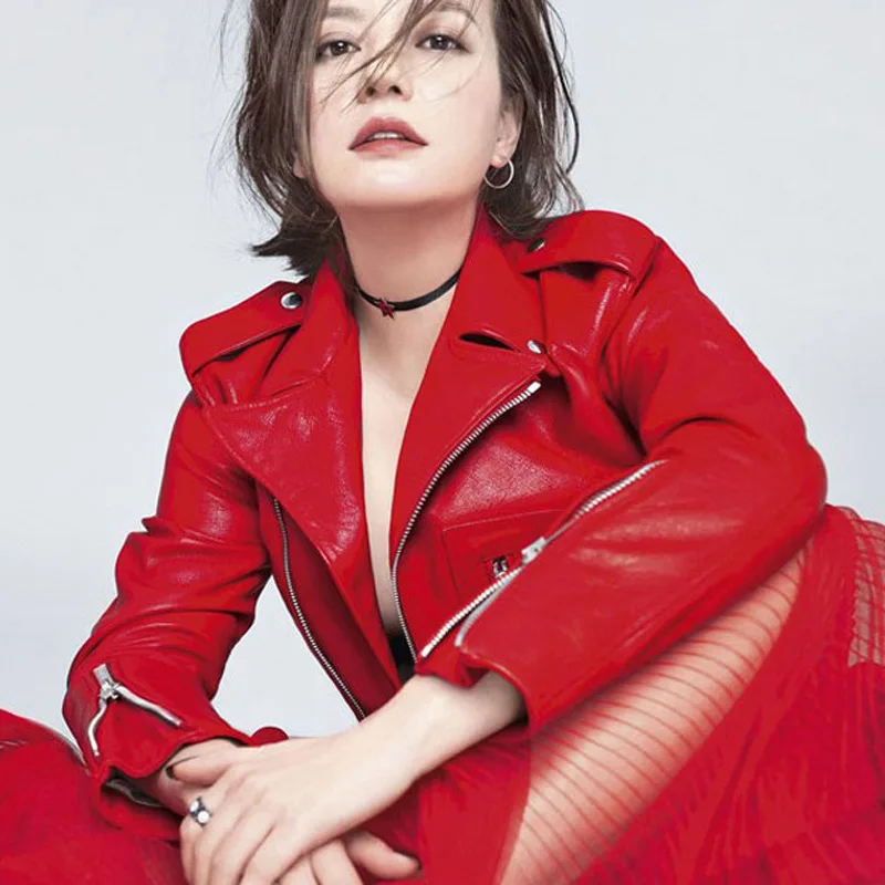 

Feminine PU Leather Jacket New Spring Autumn Turn Down Collar Long Sleeve Motorcycle Jackets Slim Red Faux Leather Coat Women