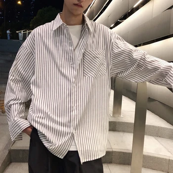 

Autumn Men's New Fashion Wild Personality Loose Simple Solid Color Striped Temperament Cotton Youth Casual Square Collar Shirt