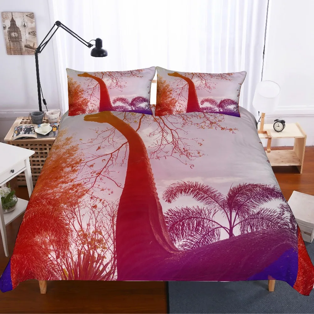 

3 Piece 3D Digital Printed Red Dinosaur in Plants Bedding Set Cartoon Dino Duvet Cover Set with 2 Pillowcase Boys/Girls Bed Set