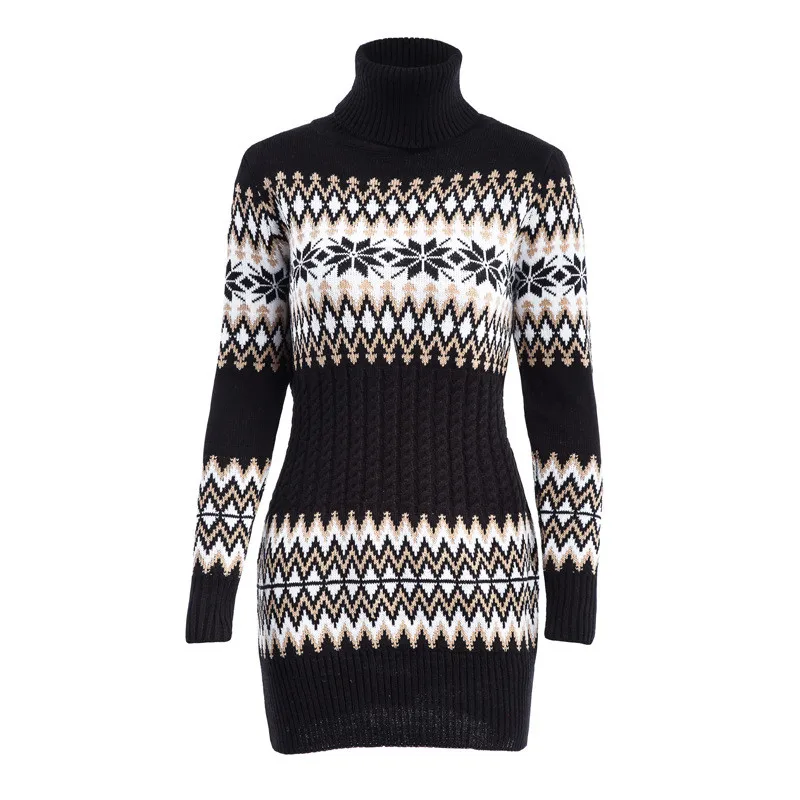 

WKOUD 2018 Winter Turtleneck Sweaters Dresses Women Snowflake Printed Knitted Pullovers Long Sleeve Sweaters Loose M8066