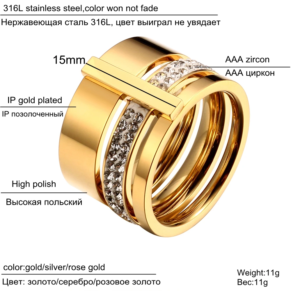Trendy Three Layers Ring Set Gold Color Rings Stainless Steel Ring Finger Ring Gold Color Ring Adjustable Rings Zircon Crystal Ring Wedding Rings Wedding Ring Jewelry Accessories 316L Stainless Steel Crystal Rings For Women