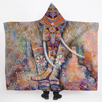 

Bohemian Elephant Printed Hooded Blanket for Adults Sherpa Fleece Lotus Flower Wearable Picnic Bed Throw Animal Warm Blanket