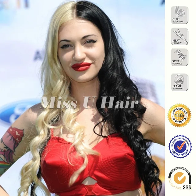 Angelina Jolie half black half blonde lace wig Heat Resistant synthetic