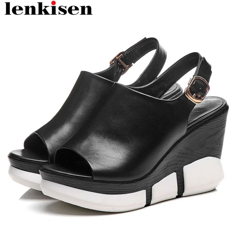 

2019 European design real cow leather super high heels wedges platform peep round toe buckle strap slingback women sandals L3f1