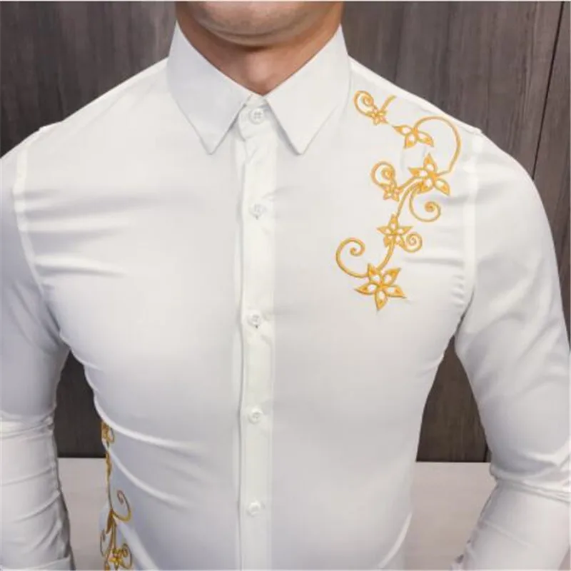 Новая Корейская вышитая рубашка мужская Kemeja Pria Slim Fit рубашка с длинными рукавами Мужская рубашка для выпускного вечера для клуба Camisa Masculina Весна - Цвет: 2