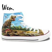 Вэнь Дизайн пользовательские ручной росписью обувь динозавры высокие холщовые кроссовки Для мужчин Для женщин рождественские подарки на день рождения
