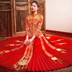 Винтаж Благородный брак костюм красный дамы вышивка цветочный Qipao со стразами китайское платье невесты тост одежда классический Cheongsam