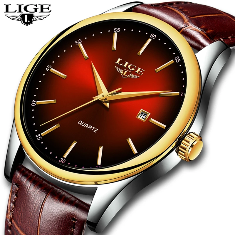 

New LIGE Mens Watches Top Brand Luxury Simple Calendar Clock Leather Waterproof Clock Quartz Wristwatch Relogio Masculino+Box